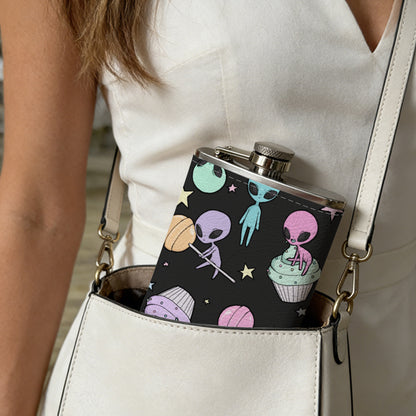Colorful aliens, planets and stars on black background PU Flask, Men's Personalized Water Bottle, Leather Hip Bottle, Groom Gifts, Groom Suggestions, Wedding Party Favors, Best Christmas Gifts, Christmas Gifts, Christmas, Can Be Used in 4 Seasons