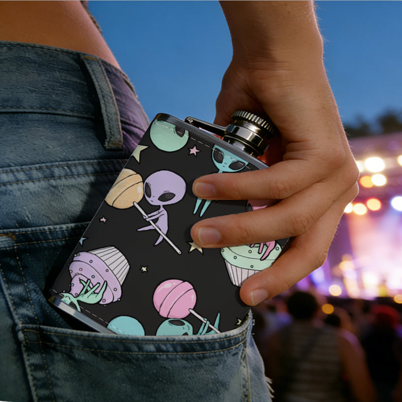 Colorful aliens, planets and stars on black background PU Flask, Men's Personalized Water Bottle, Leather Hip Bottle, Groom Gifts, Groom Suggestions, Wedding Party Favors, Best Christmas Gifts, Christmas Gifts, Christmas, Can Be Used in 4 Seasons