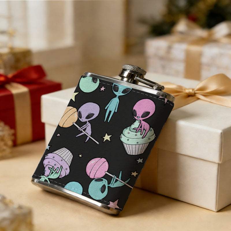Colorful aliens, planets and stars on black background PU Flask, Men's Personalized Water Bottle, Leather Hip Bottle, Groom Gifts, Groom Suggestions, Wedding Party Favors, Best Christmas Gifts, Christmas Gifts, Christmas, Can Be Used in 4 Seasons