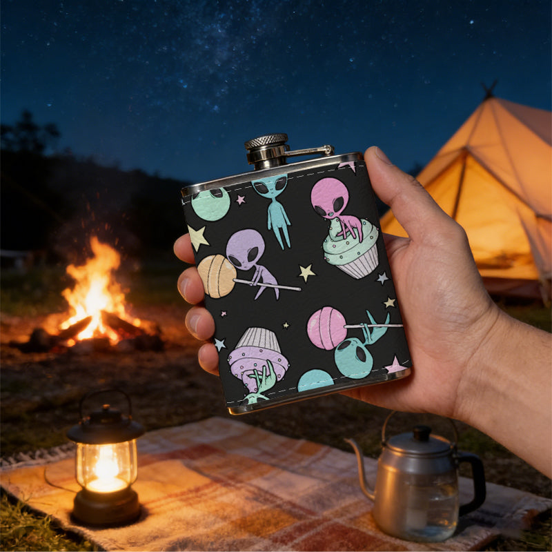 Colorful aliens, planets and stars on black background PU Flask, Men's Personalized Water Bottle, Leather Hip Bottle, Groom Gifts, Groom Suggestions, Wedding Party Favors, Best Christmas Gifts, Christmas Gifts, Christmas, Can Be Used in 4 Seasons