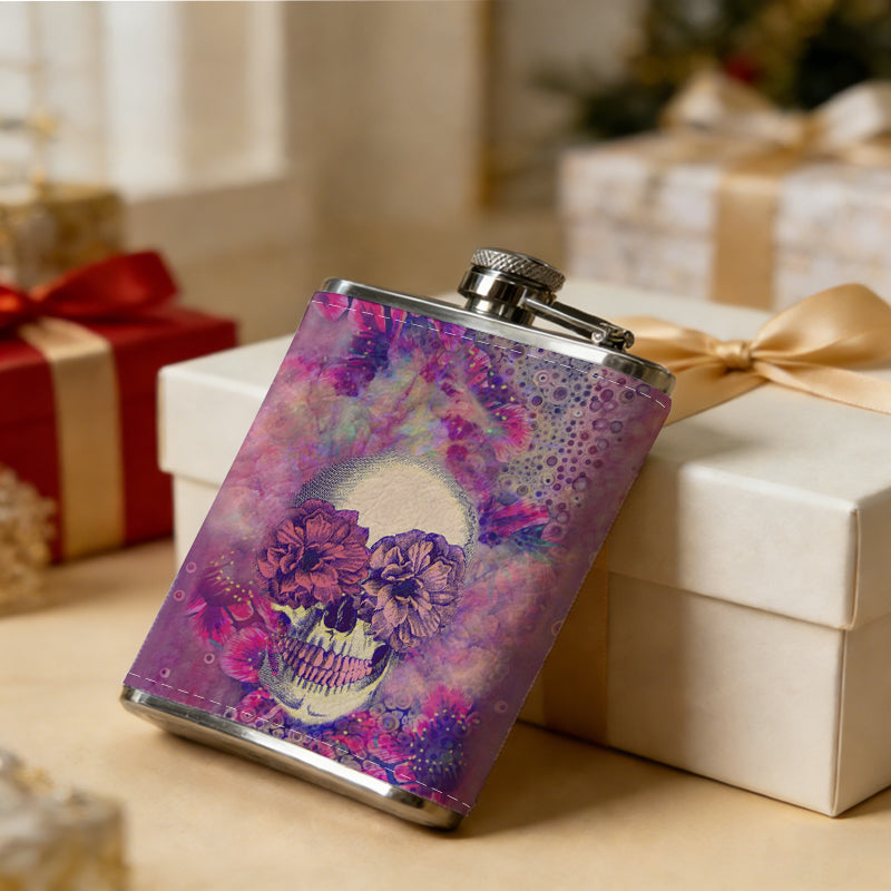 Abstract smiling face on purple background PU Flask, Men's Personalized Water Bottle, Leather Hip Bottle, Groom Gifts, Groom Suggestions, Wedding Party Favors, Best Christmas Gifts, Christmas Gifts, Christmas, Can Be Used in 4 Seasons