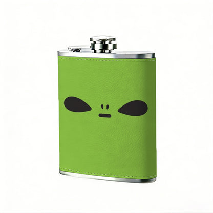 Alien face on green background PU Flask, Men's Personalized Water Bottle, Leather Hip Bottle, Groom Gifts, Groom Suggestions, Wedding Party Favors, Best Christmas Gifts, Christmas Gifts, Christmas, Can Be Used in 4 Seasons