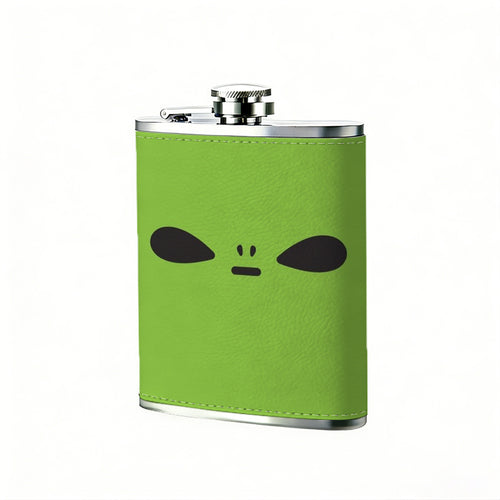 Alien face on green background PU Flask, Men's Personalized Water Bottle, Leather Hip Bottle, Groom Gifts, Groom Suggestions, Wedding Party Favors, Best Christmas Gifts, Christmas Gifts, Christmas, Can Be Used in 4 Seasons