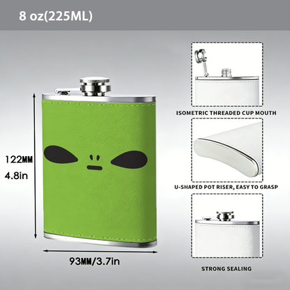 Alien face on green background PU Flask, Men's Personalized Water Bottle, Leather Hip Bottle, Groom Gifts, Groom Suggestions, Wedding Party Favors, Best Christmas Gifts, Christmas Gifts, Christmas, Can Be Used in 4 Seasons