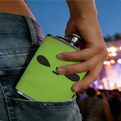 Alien face on green background PU Flask, Men's Personalized Water Bottle, Leather Hip Bottle, Groom Gifts, Groom Suggestions, Wedding Party Favors, Best Christmas Gifts, Christmas Gifts, Christmas, Can Be Used in 4 Seasons