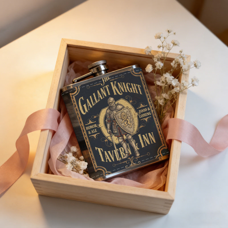 Gallant Knight Tavern Inn sign PU Flask, Men's Personalized Water Bottle, Leather Hip Bottle, Groom Gifts, Groom Suggestions, Wedding Party Favors, Best Christmas Gifts, Christmas Gifts, Christmas, Can Be Used in 4 Seasons