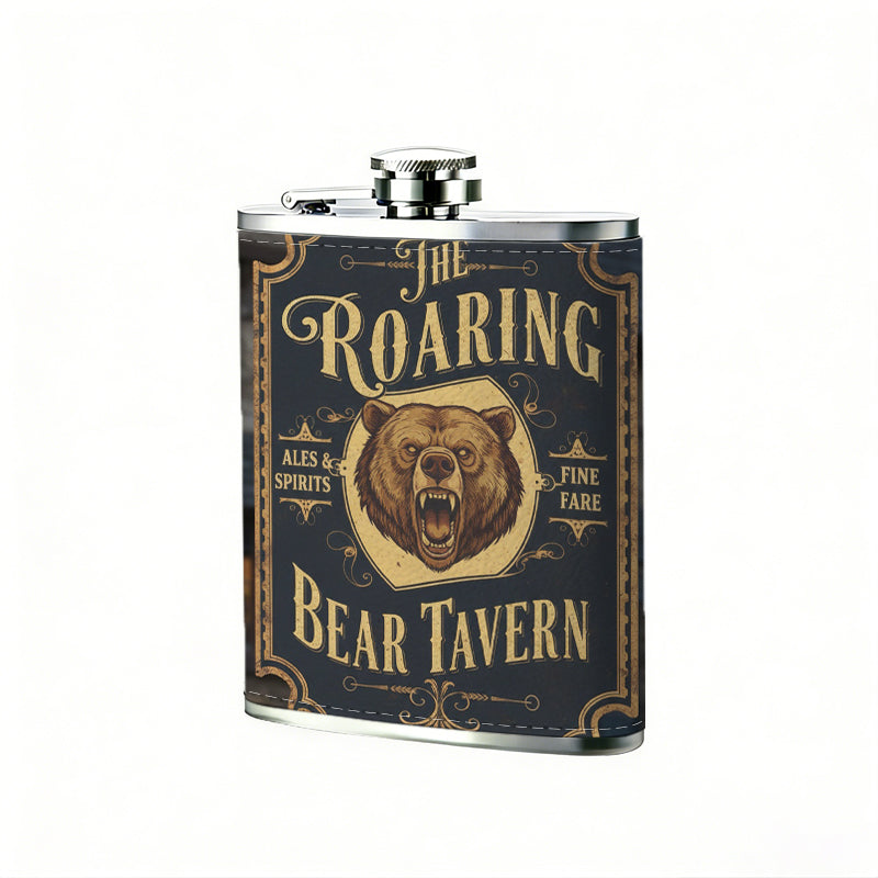 Roaring Bear Tavern sign with lion head PU Flask, Men's Personalized Water Bottle, Leather Hip Bottle, Groom Gifts, Groom Suggestions, Wedding Party Favors, Best Christmas Gifts, Christmas Gifts, Christmas, Can Be Used in 4 Seasons