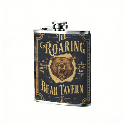 Roaring Bear Tavern sign with lion head PU Flask, Men's Personalized Water Bottle, Leather Hip Bottle, Groom Gifts, Groom Suggestions, Wedding Party Favors, Best Christmas Gifts, Christmas Gifts, Christmas, Can Be Used in 4 Seasons