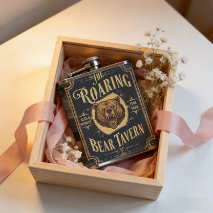Roaring Bear Tavern sign with lion head PU Flask, Men's Personalized Water Bottle, Leather Hip Bottle, Groom Gifts, Groom Suggestions, Wedding Party Favors, Best Christmas Gifts, Christmas Gifts, Christmas, Can Be Used in 4 Seasons