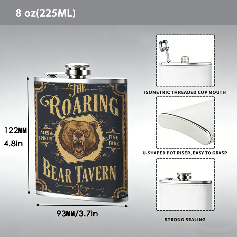Roaring Bear Tavern sign with lion head PU Flask, Men's Personalized Water Bottle, Leather Hip Bottle, Groom Gifts, Groom Suggestions, Wedding Party Favors, Best Christmas Gifts, Christmas Gifts, Christmas, Can Be Used in 4 Seasons