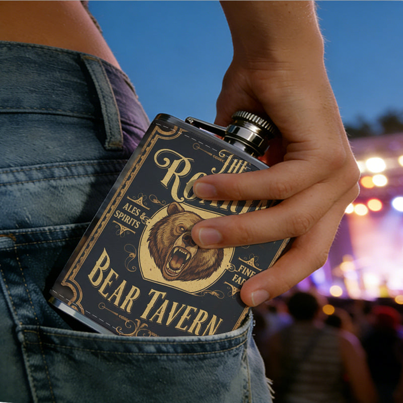Roaring Bear Tavern sign with lion head PU Flask, Men's Personalized Water Bottle, Leather Hip Bottle, Groom Gifts, Groom Suggestions, Wedding Party Favors, Best Christmas Gifts, Christmas Gifts, Christmas, Can Be Used in 4 Seasons