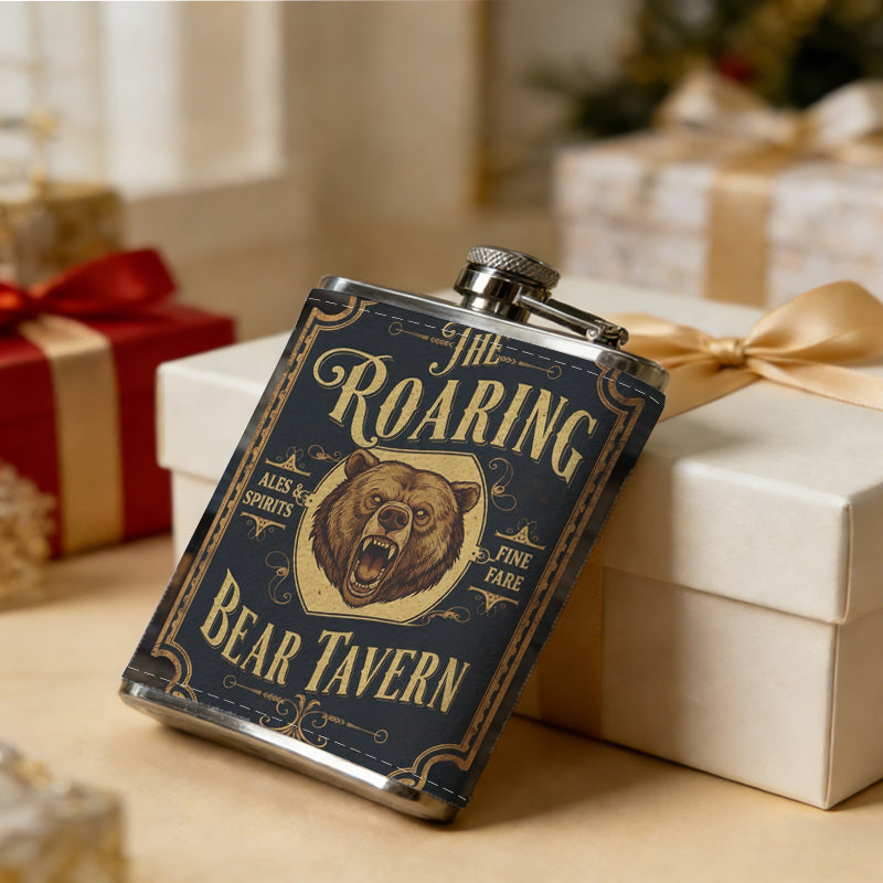 Roaring Bear Tavern sign with lion head PU Flask, Men's Personalized Water Bottle, Leather Hip Bottle, Groom Gifts, Groom Suggestions, Wedding Party Favors, Best Christmas Gifts, Christmas Gifts, Christmas, Can Be Used in 4 Seasons