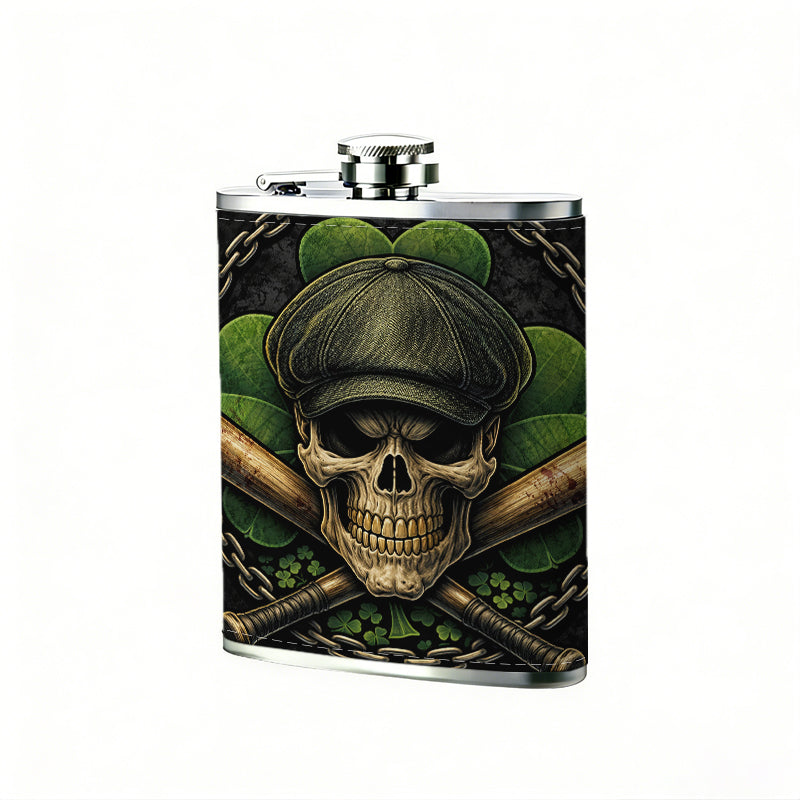 Skull with cap, crossed bats and clover badge PU Flask, Men's Personalized Water Bottle, Leather Hip Bottle, Groom Gifts, Groom Suggestions, Wedding Party Favors, Best Christmas Gifts, Christmas Gifts, Christmas, Can Be Used in 4 Seasons
