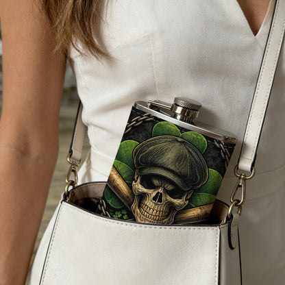 Skull with cap, crossed bats and clover badge PU Flask, Men's Personalized Water Bottle, Leather Hip Bottle, Groom Gifts, Groom Suggestions, Wedding Party Favors, Best Christmas Gifts, Christmas Gifts, Christmas, Can Be Used in 4 Seasons