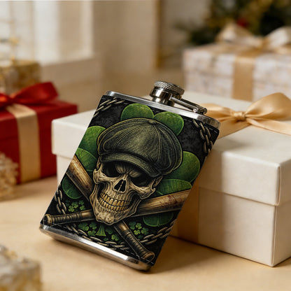 Skull with cap, crossed bats and clover badge PU Flask, Men's Personalized Water Bottle, Leather Hip Bottle, Groom Gifts, Groom Suggestions, Wedding Party Favors, Best Christmas Gifts, Christmas Gifts, Christmas, Can Be Used in 4 Seasons