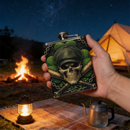 Skull with cap, crossed bats and clover badge PU Flask, Men's Personalized Water Bottle, Leather Hip Bottle, Groom Gifts, Groom Suggestions, Wedding Party Favors, Best Christmas Gifts, Christmas Gifts, Christmas, Can Be Used in 4 Seasons