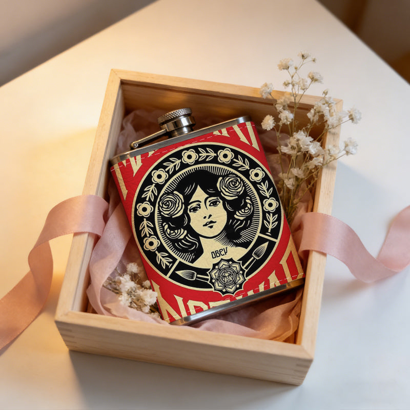 Vintage anti-war poster with female portrait PU Flask, Men's Personalized Water Bottle, Leather Hip Bottle, Groom Gifts, Groom Suggestions, Wedding Party Favors, Best Christmas Gifts, Christmas Gifts, Christmas, Can Be Used in 4 Seasons