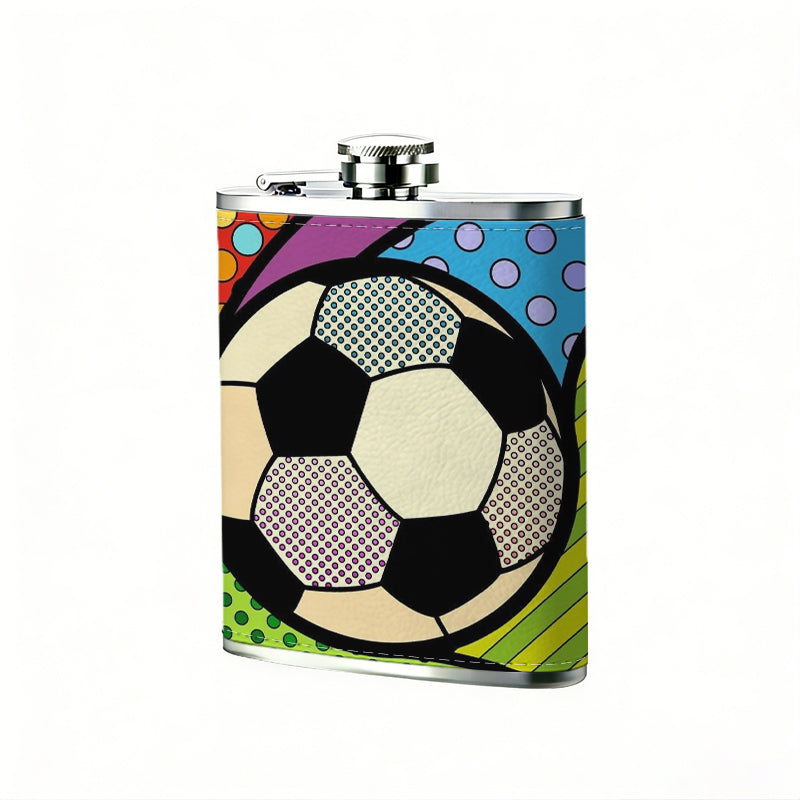 Colorful pop art styled soccer ball PU Flask, Men's Personalized Water Bottle, Leather Hip Bottle, Groom Gifts, Groom Suggestions, Wedding Party Favors, Best Christmas Gifts, Christmas Gifts, Christmas, Can Be Used in 4 Seasons