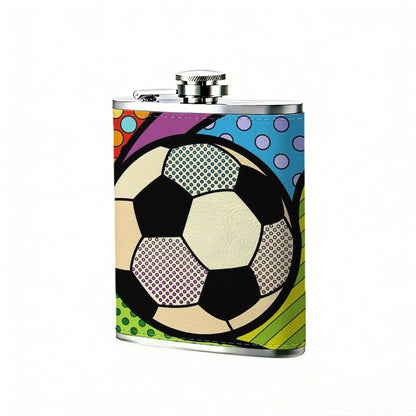 Colorful pop art styled soccer ball PU Flask, Men's Personalized Water Bottle, Leather Hip Bottle, Groom Gifts, Groom Suggestions, Wedding Party Favors, Best Christmas Gifts, Christmas Gifts, Christmas, Can Be Used in 4 Seasons