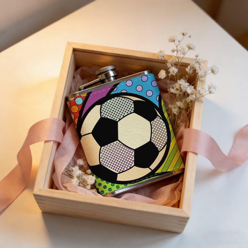 Colorful pop art styled soccer ball PU Flask, Men's Personalized Water Bottle, Leather Hip Bottle, Groom Gifts, Groom Suggestions, Wedding Party Favors, Best Christmas Gifts, Christmas Gifts, Christmas, Can Be Used in 4 Seasons