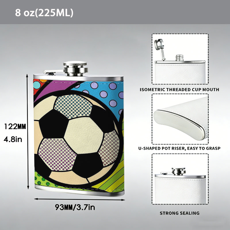 Colorful pop art styled soccer ball PU Flask, Men's Personalized Water Bottle, Leather Hip Bottle, Groom Gifts, Groom Suggestions, Wedding Party Favors, Best Christmas Gifts, Christmas Gifts, Christmas, Can Be Used in 4 Seasons