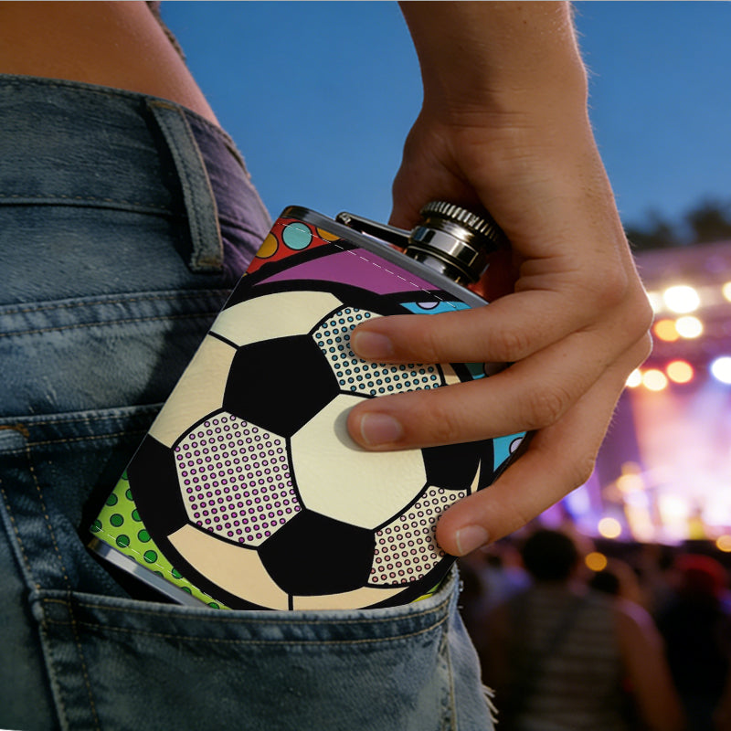 Colorful pop art styled soccer ball PU Flask, Men's Personalized Water Bottle, Leather Hip Bottle, Groom Gifts, Groom Suggestions, Wedding Party Favors, Best Christmas Gifts, Christmas Gifts, Christmas, Can Be Used in 4 Seasons
