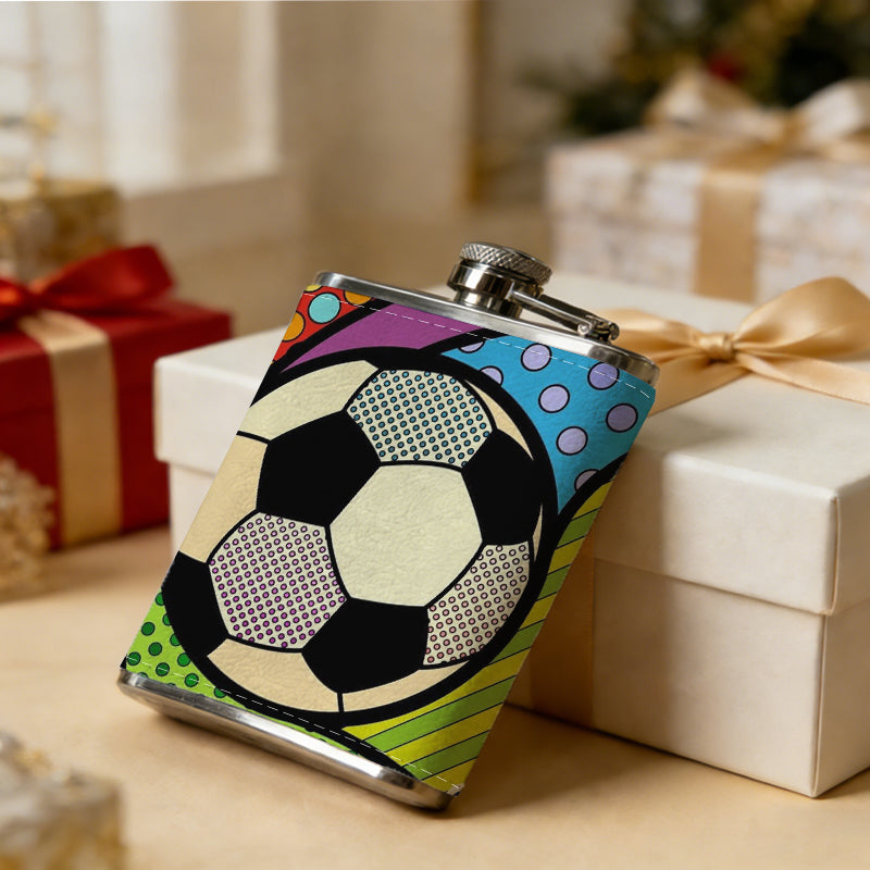 Colorful pop art styled soccer ball PU Flask, Men's Personalized Water Bottle, Leather Hip Bottle, Groom Gifts, Groom Suggestions, Wedding Party Favors, Best Christmas Gifts, Christmas Gifts, Christmas, Can Be Used in 4 Seasons