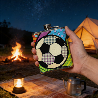 Colorful pop art styled soccer ball PU Flask, Men's Personalized Water Bottle, Leather Hip Bottle, Groom Gifts, Groom Suggestions, Wedding Party Favors, Best Christmas Gifts, Christmas Gifts, Christmas, Can Be Used in 4 Seasons