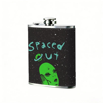 Green alien with text "spaced out" PU Flask, Men's Personalized Water Bottle, Leather Hip Bottle, Groom Gifts, Groom Suggestions, Wedding Party Favors, Best Christmas Gifts, Christmas Gifts, Christmas, Can Be Used in 4 Seasons