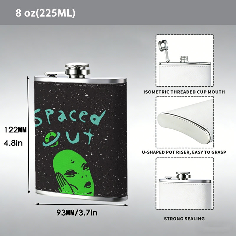 Green alien with text "spaced out" PU Flask, Men's Personalized Water Bottle, Leather Hip Bottle, Groom Gifts, Groom Suggestions, Wedding Party Favors, Best Christmas Gifts, Christmas Gifts, Christmas, Can Be Used in 4 Seasons