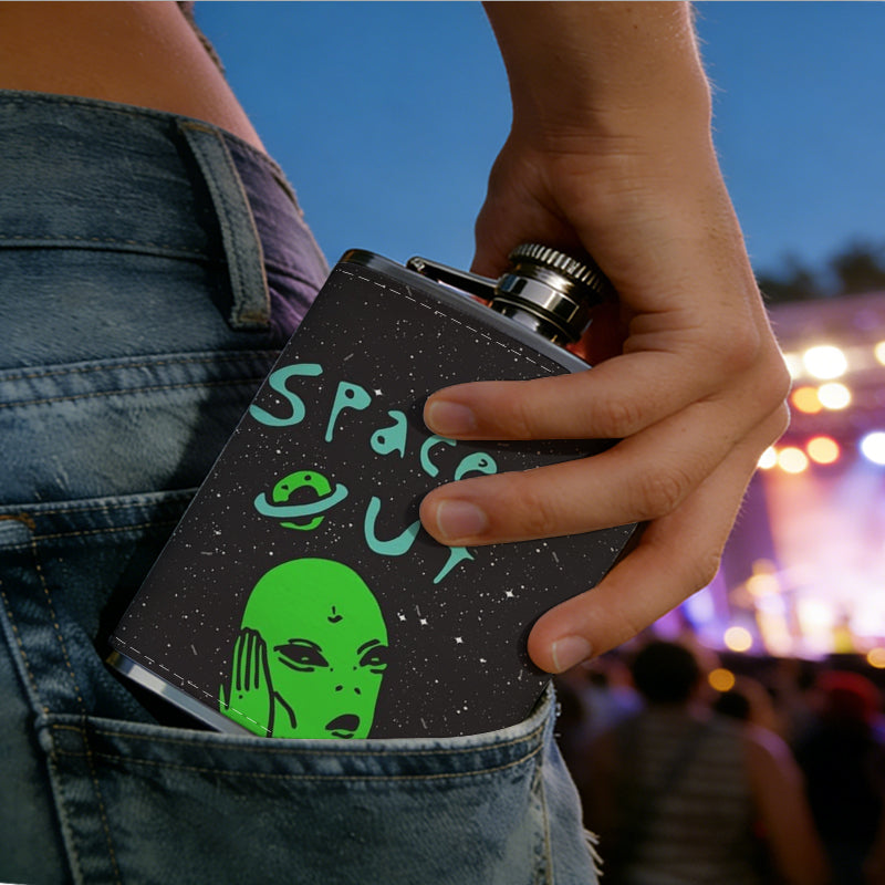 Green alien with text "spaced out" PU Flask, Men's Personalized Water Bottle, Leather Hip Bottle, Groom Gifts, Groom Suggestions, Wedding Party Favors, Best Christmas Gifts, Christmas Gifts, Christmas, Can Be Used in 4 Seasons