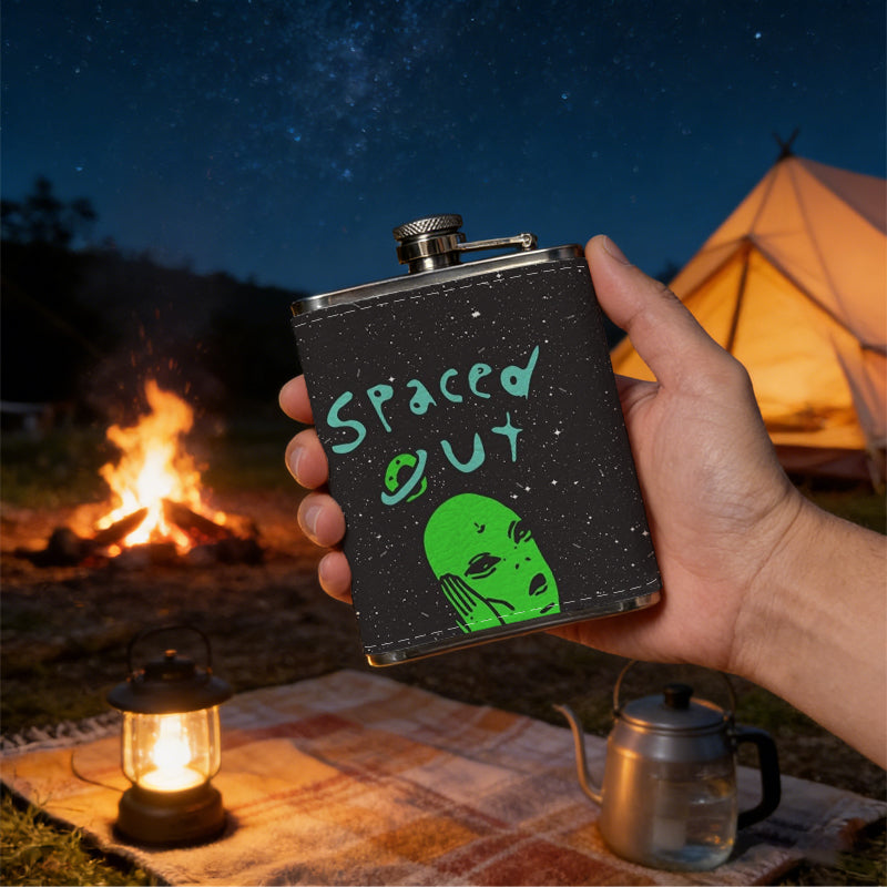 Green alien with text "spaced out" PU Flask, Men's Personalized Water Bottle, Leather Hip Bottle, Groom Gifts, Groom Suggestions, Wedding Party Favors, Best Christmas Gifts, Christmas Gifts, Christmas, Can Be Used in 4 Seasons