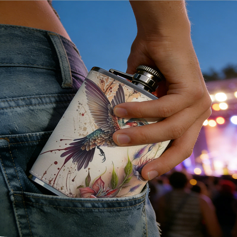 Watercolor hummingbird and flowers PU Flask, Men's Personalized Water Bottle, Leather Hip Bottle, Groom Gifts, Groom Suggestions, Wedding Party Favors, Best Christmas Gifts, Christmas Gifts, Christmas, Can Be Used in 4 Seasons
