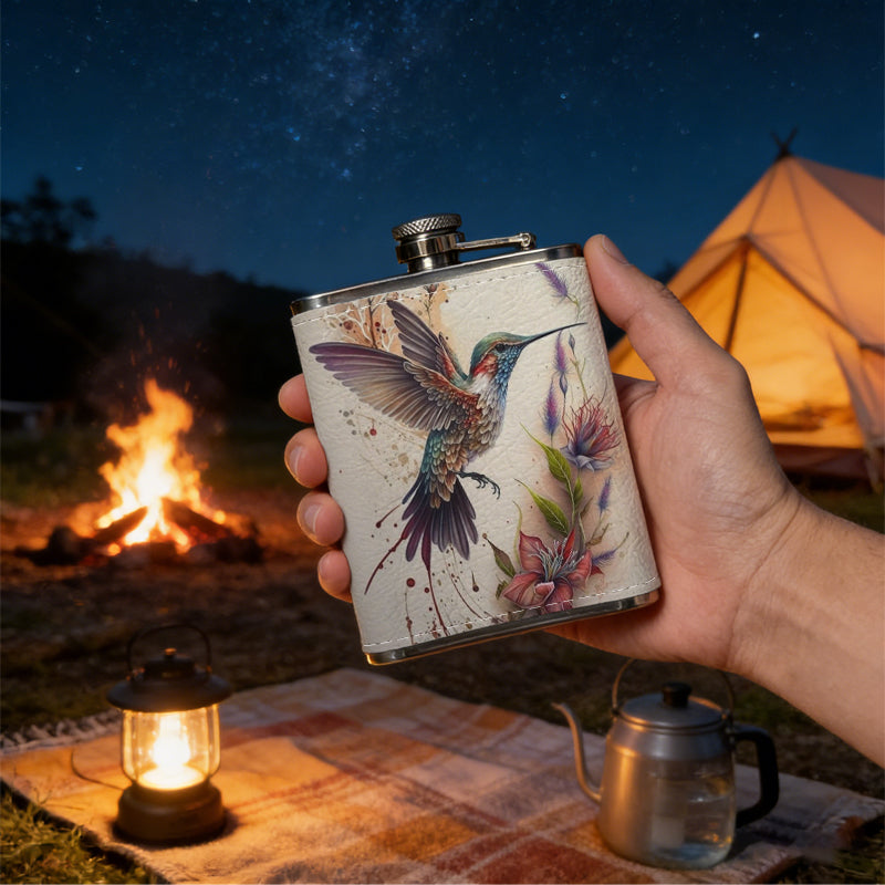 Watercolor hummingbird and flowers PU Flask, Men's Personalized Water Bottle, Leather Hip Bottle, Groom Gifts, Groom Suggestions, Wedding Party Favors, Best Christmas Gifts, Christmas Gifts, Christmas, Can Be Used in 4 Seasons