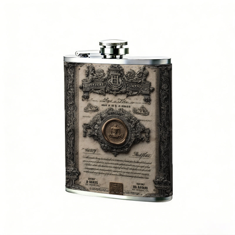 Vintage ornate decorative certificate artwork PU Flask, Men's Personalized Water Bottle, Leather Hip Bottle, Groom Gifts, Groom Suggestions, Wedding Party Favors, Best Christmas Gifts, Christmas Gifts, Christmas, Can Be Used in 4 Seasons