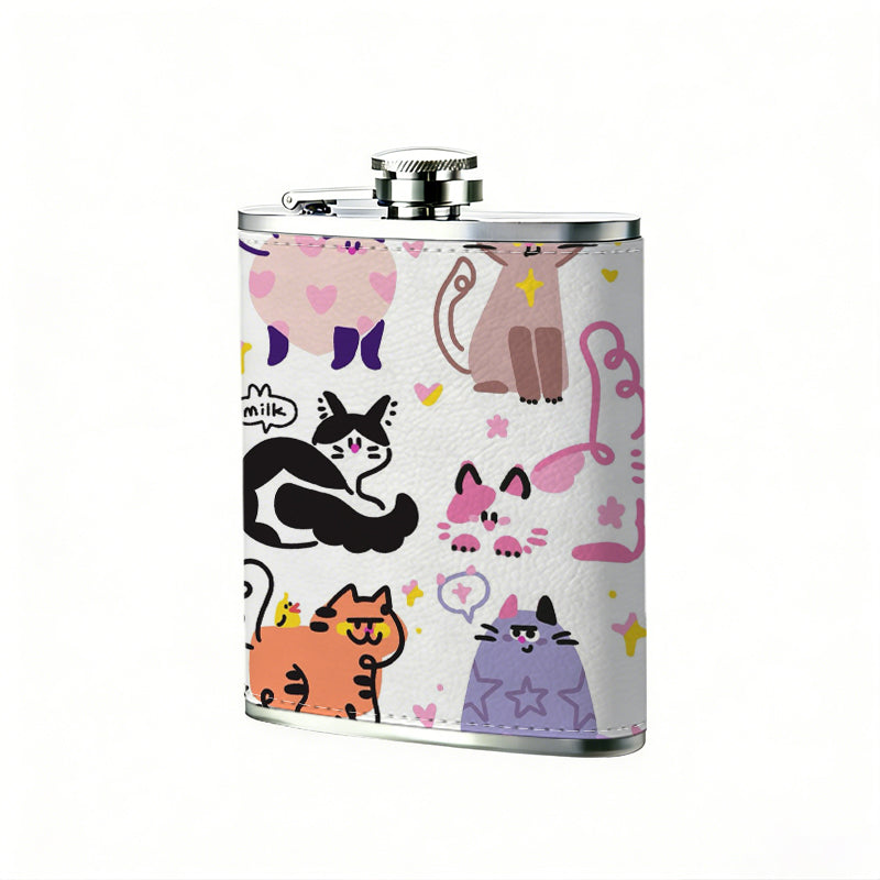 Cute cartoon cat stickers PU Flask, Men's Personalized Water Bottle, Leather Hip Bottle, Groom Gifts, Groom Suggestions, Wedding Party Favors, Best Christmas Gifts, Christmas Gifts, Christmas, Can Be Used in 4 Seasons