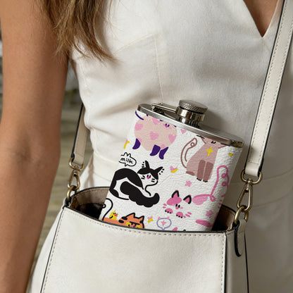 Cute cartoon cat stickers PU Flask, Men's Personalized Water Bottle, Leather Hip Bottle, Groom Gifts, Groom Suggestions, Wedding Party Favors, Best Christmas Gifts, Christmas Gifts, Christmas, Can Be Used in 4 Seasons