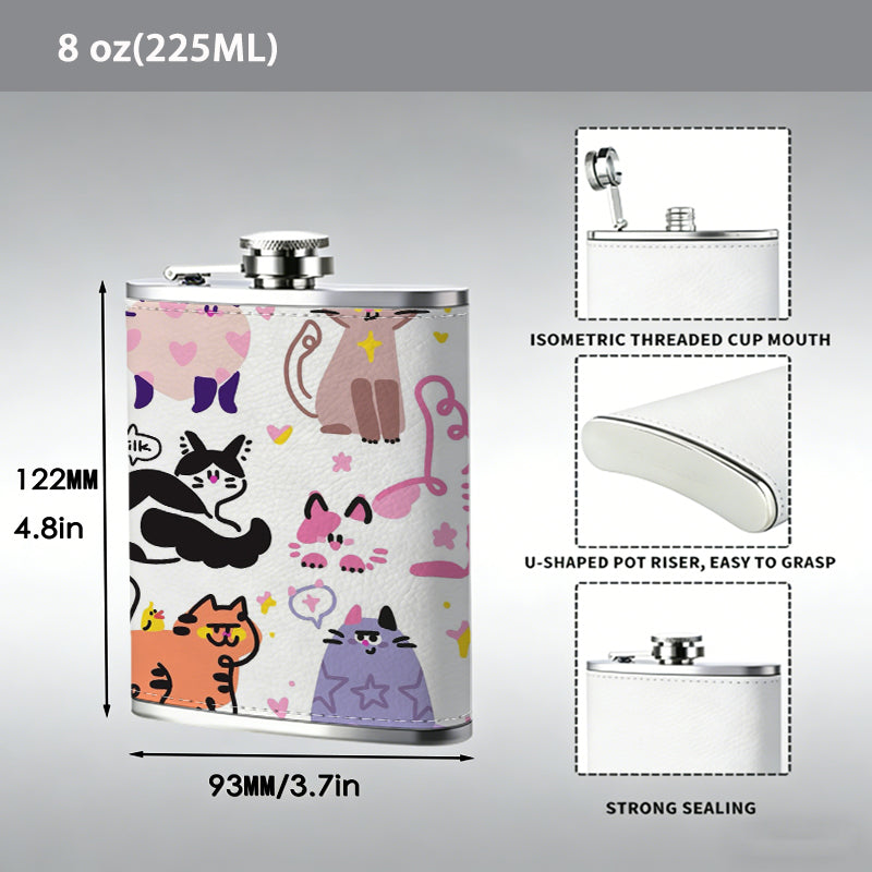 Cute cartoon cat stickers PU Flask, Men's Personalized Water Bottle, Leather Hip Bottle, Groom Gifts, Groom Suggestions, Wedding Party Favors, Best Christmas Gifts, Christmas Gifts, Christmas, Can Be Used in 4 Seasons