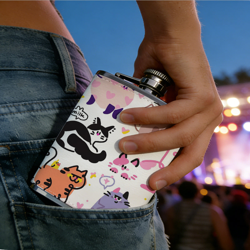 Cute cartoon cat stickers PU Flask, Men's Personalized Water Bottle, Leather Hip Bottle, Groom Gifts, Groom Suggestions, Wedding Party Favors, Best Christmas Gifts, Christmas Gifts, Christmas, Can Be Used in 4 Seasons