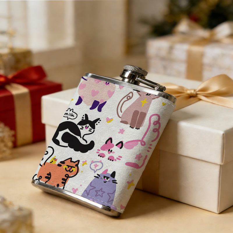 Cute cartoon cat stickers PU Flask, Men's Personalized Water Bottle, Leather Hip Bottle, Groom Gifts, Groom Suggestions, Wedding Party Favors, Best Christmas Gifts, Christmas Gifts, Christmas, Can Be Used in 4 Seasons