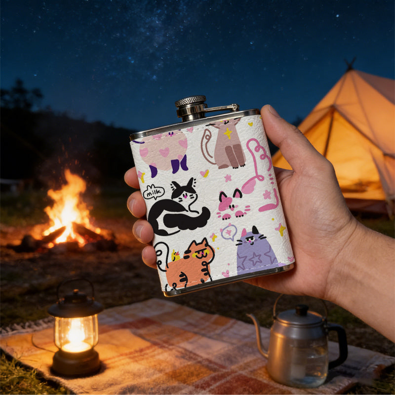 Cute cartoon cat stickers PU Flask, Men's Personalized Water Bottle, Leather Hip Bottle, Groom Gifts, Groom Suggestions, Wedding Party Favors, Best Christmas Gifts, Christmas Gifts, Christmas, Can Be Used in 4 Seasons