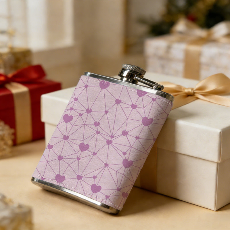 Dark hearts on pink background PU Flask, Men's Personalized Water Bottle, Leather Hip Bottle, Groom Gifts, Groom Suggestions, Wedding Party Favors, Best Christmas Gifts, Christmas Gifts, Christmas, Can Be Used in 4 Seasons