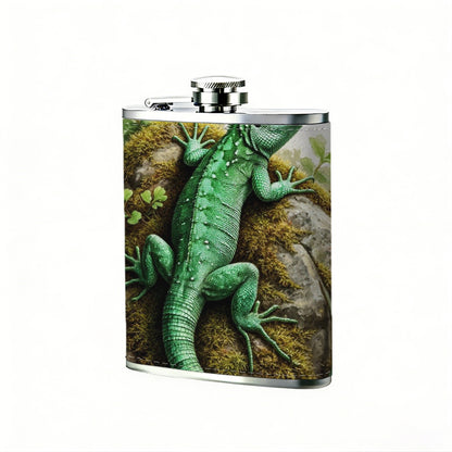 Green lizard on rock with plants PU Flask, Men's Personalized Water Bottle, Leather Hip Bottle, Groom Gifts, Groom Suggestions, Wedding Party Favors, Best Christmas Gifts, Christmas Gifts, Christmas, Can Be Used in 4 Seasons