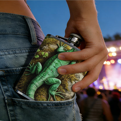 Green lizard on rock with plants PU Flask, Men's Personalized Water Bottle, Leather Hip Bottle, Groom Gifts, Groom Suggestions, Wedding Party Favors, Best Christmas Gifts, Christmas Gifts, Christmas, Can Be Used in 4 Seasons