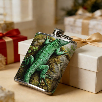 Green lizard on rock with plants PU Flask, Men's Personalized Water Bottle, Leather Hip Bottle, Groom Gifts, Groom Suggestions, Wedding Party Favors, Best Christmas Gifts, Christmas Gifts, Christmas, Can Be Used in 4 Seasons