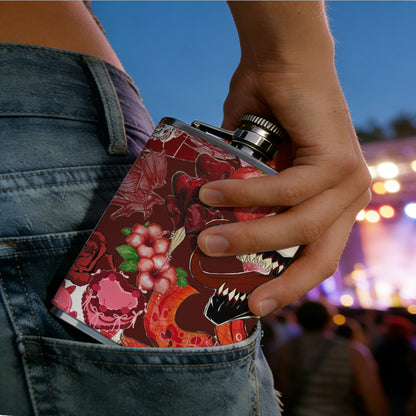 Red flowers and a black skull PU Flask, Men's Personalized Water Bottle, Leather Hip Bottle, Groom Gifts, Groom Suggestions, Wedding Party Favors, Best Christmas Gifts, Christmas Gifts, Christmas, Can Be Used in 4 Seasons