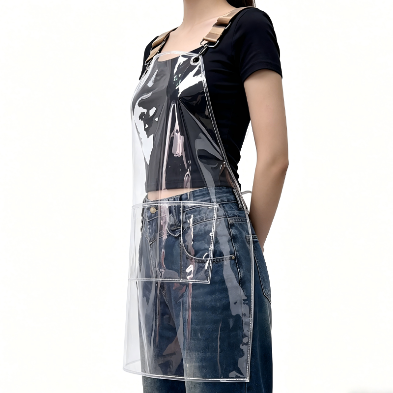 Transparent TPU waterproof apron for high-end salons, specially designed for hairdressers. It features a hair dyeing, perming, styling and cutting service. It is a non-staining work uniform