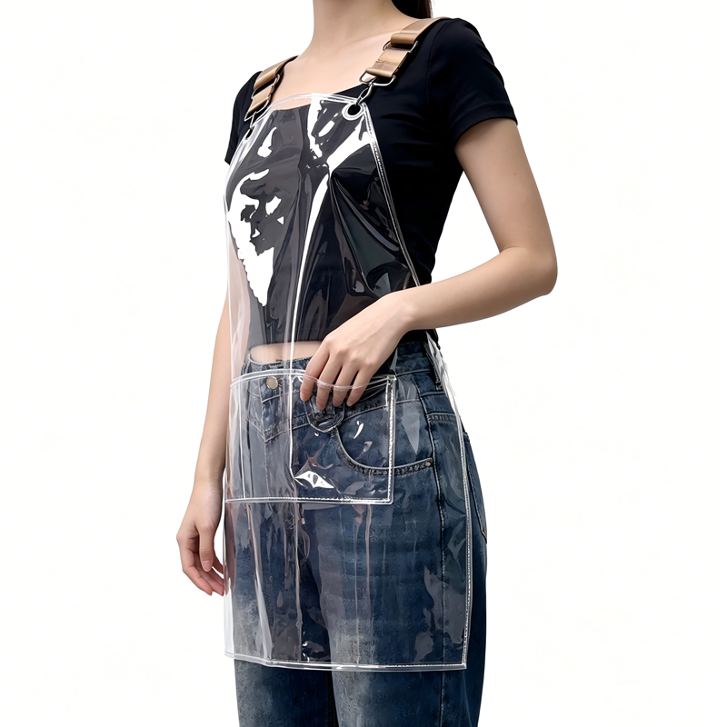 Transparent TPU waterproof apron for high-end salons, specially designed for hairdressers. It features a hair dyeing, perming, styling and cutting service. It is a non-staining work uniform