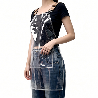 Transparent TPU waterproof apron for high-end salons, specially designed for hairdressers. It features a hair dyeing, perming, styling and cutting service. It is a non-staining work uniform