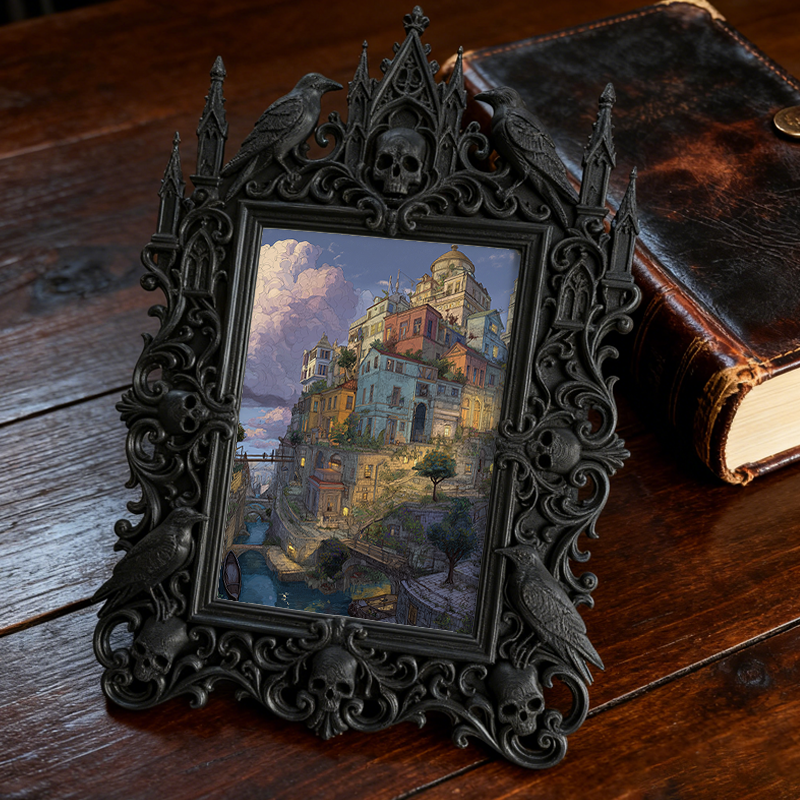 Gothic Dark Photo Frame | Hollow Crow Carving, Gothic Desk Centerpiece, Photo Studio Prop, Dressing Table Decor